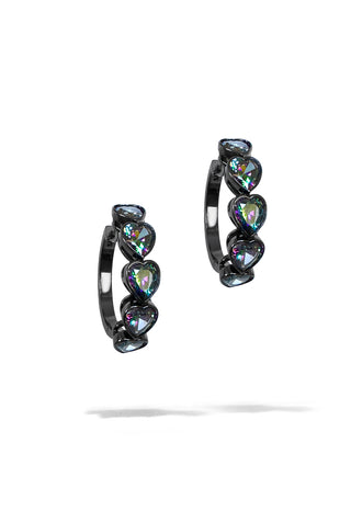 Large Black Gold Bezel Heart Hoops Earrings