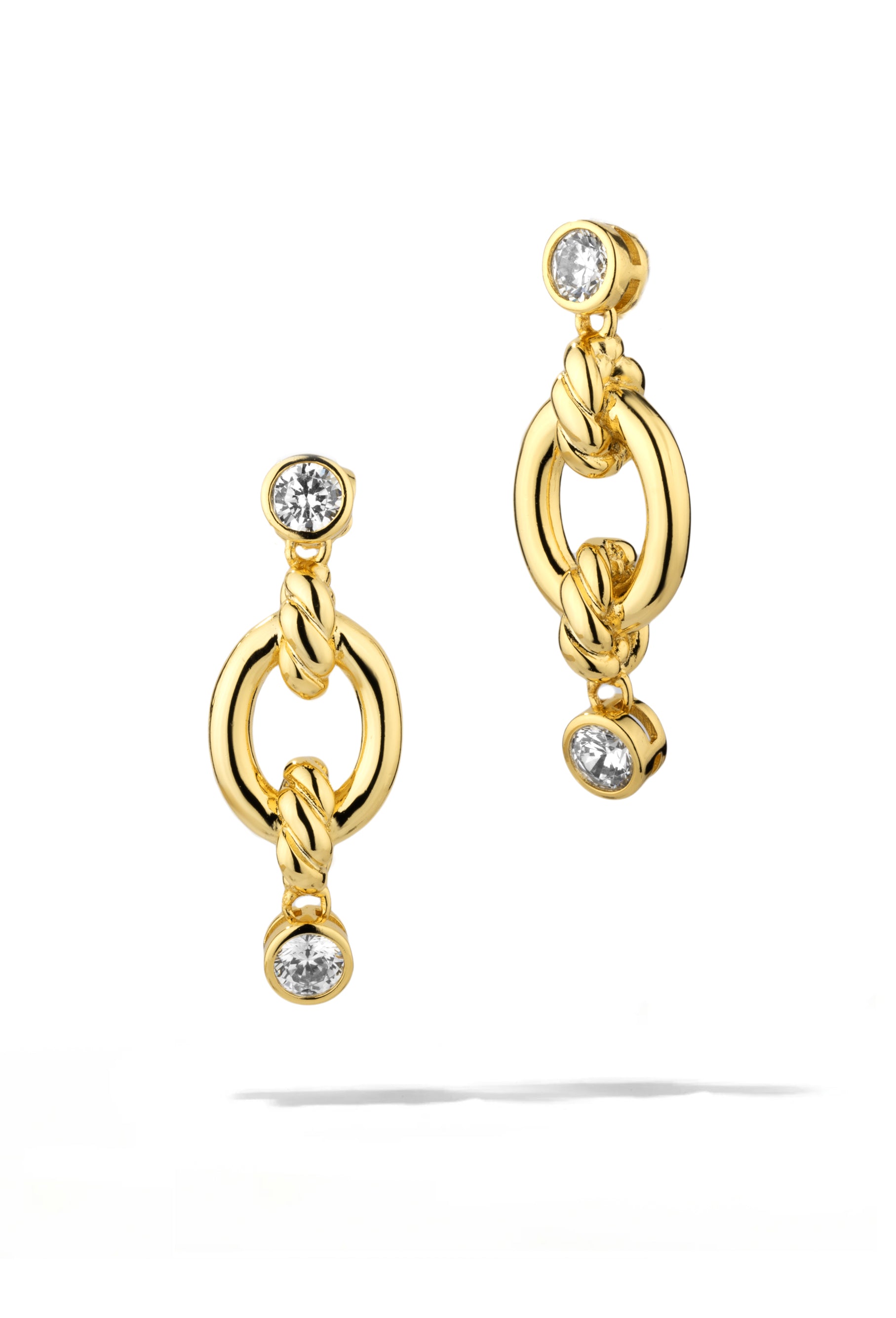 Gold Earrings with Bezel Crystals On A Stylized Link Plaza by Oomiay